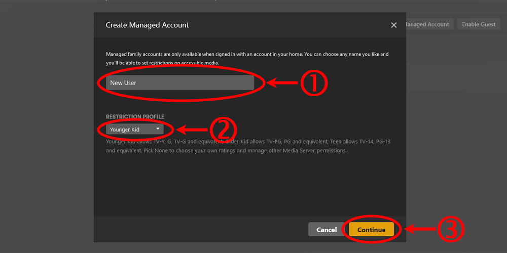 Enter Name of Managed Account and Select Restriction Profile.