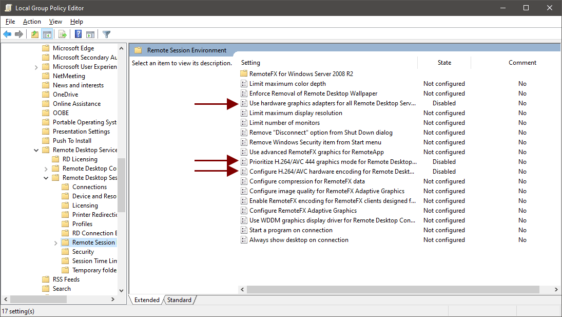 Fixing hardware transcoding in remote desktop using Group Policy Editor.