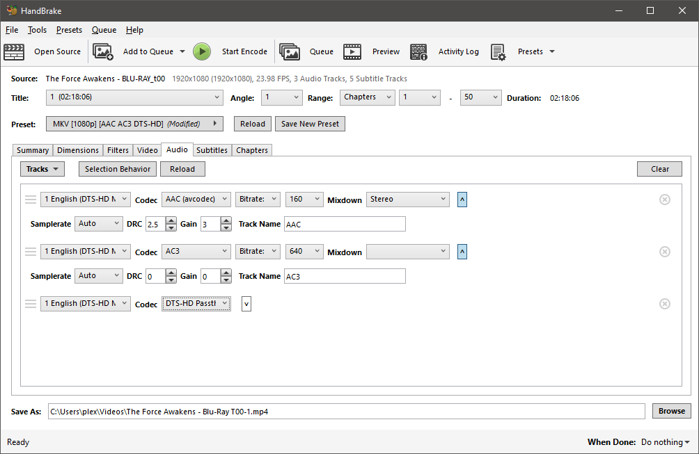 Handbrake Audio tab.