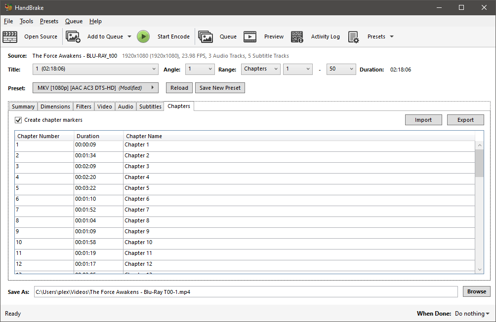 Handbrake Chapters tab.