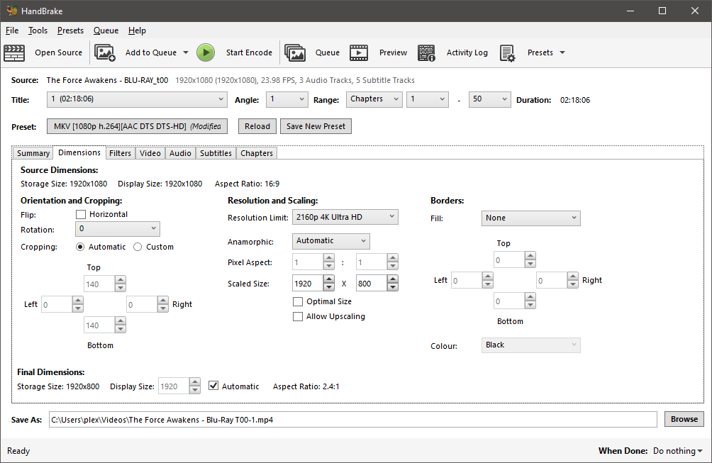 Handbrake Dimensions tab.