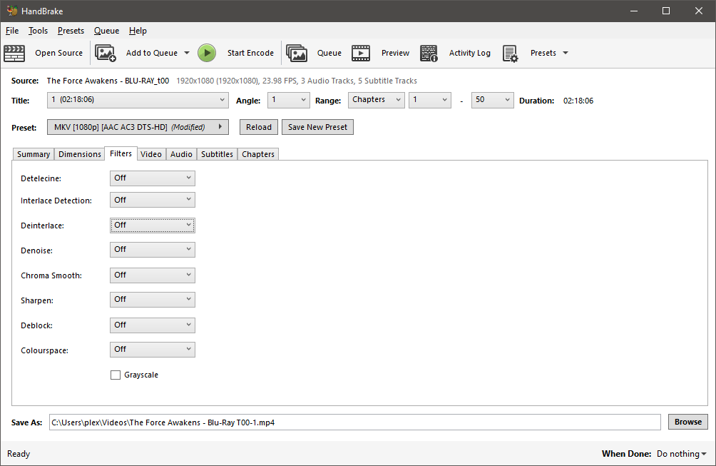 Handbrake Filters tab.