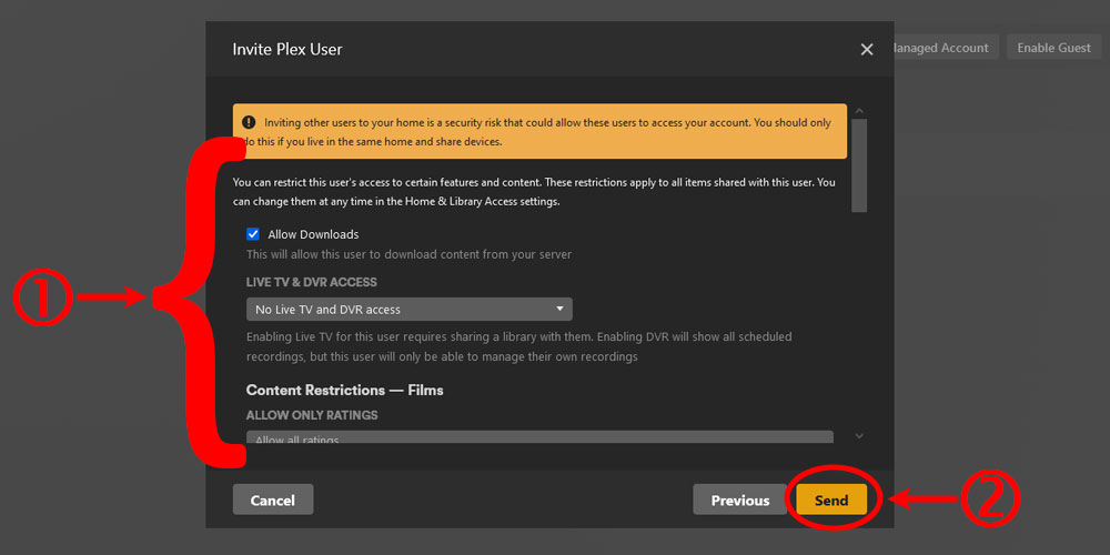 Select Restrictions for the Plex User.