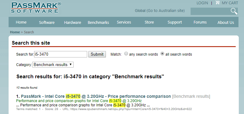 Passmark benchmark search results