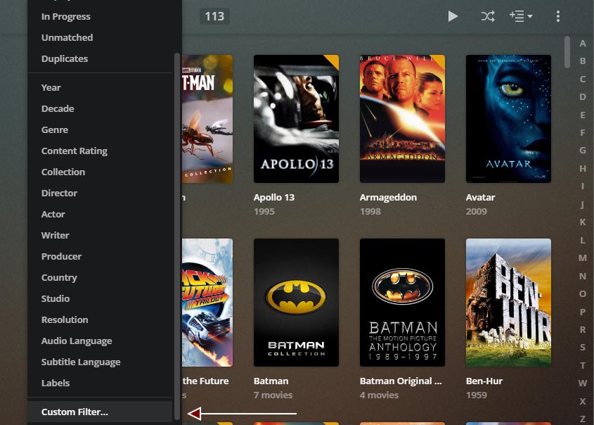 Playlists - The Movie Custom Filter option.