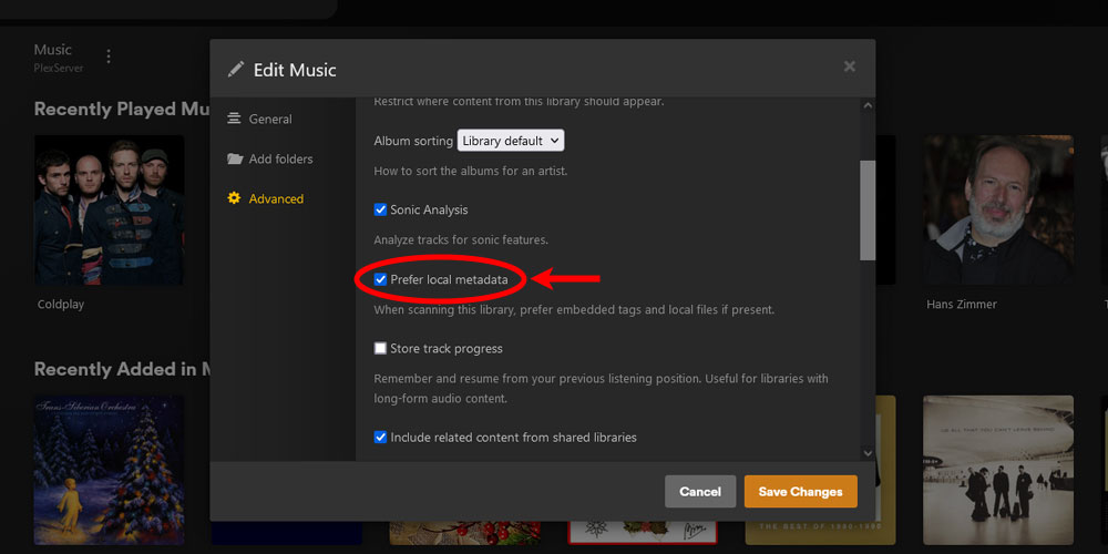 Plex Edit Music Library Prefer Local Metadata Option.