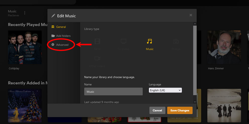 Plex Edit Music Library Advanced Option.