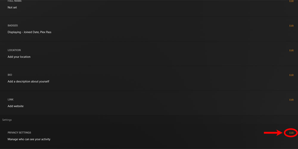The Privacy Settings Edit Link in Plex.