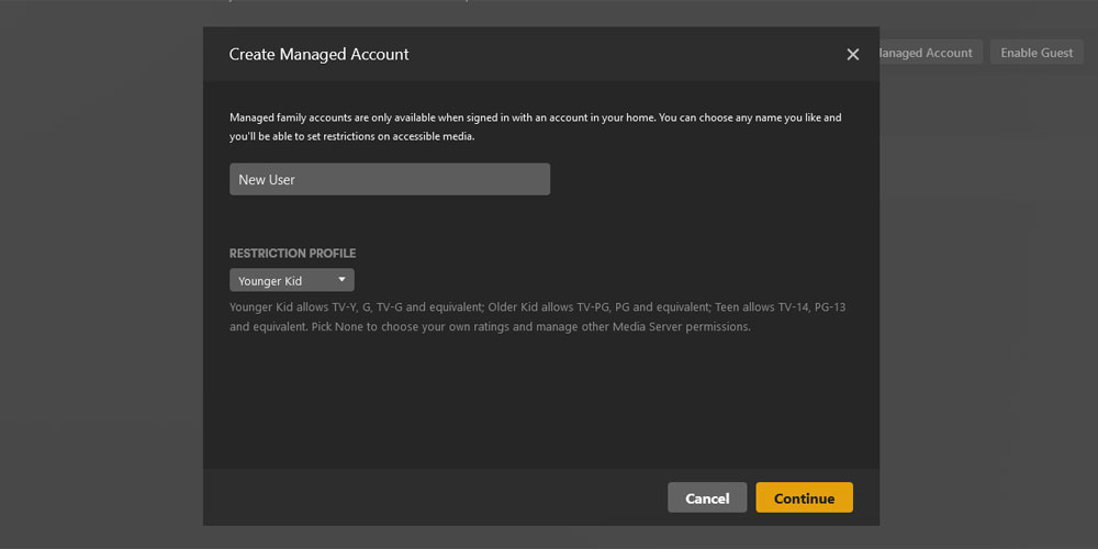 Plex Create Managed User with a Restriction Profile.