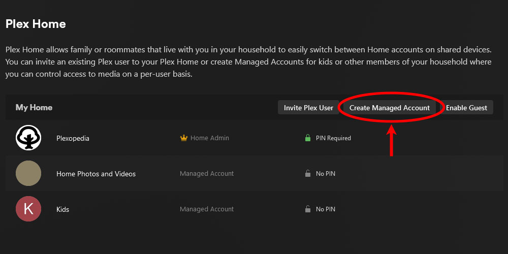 Plex Create Managed Account Button.