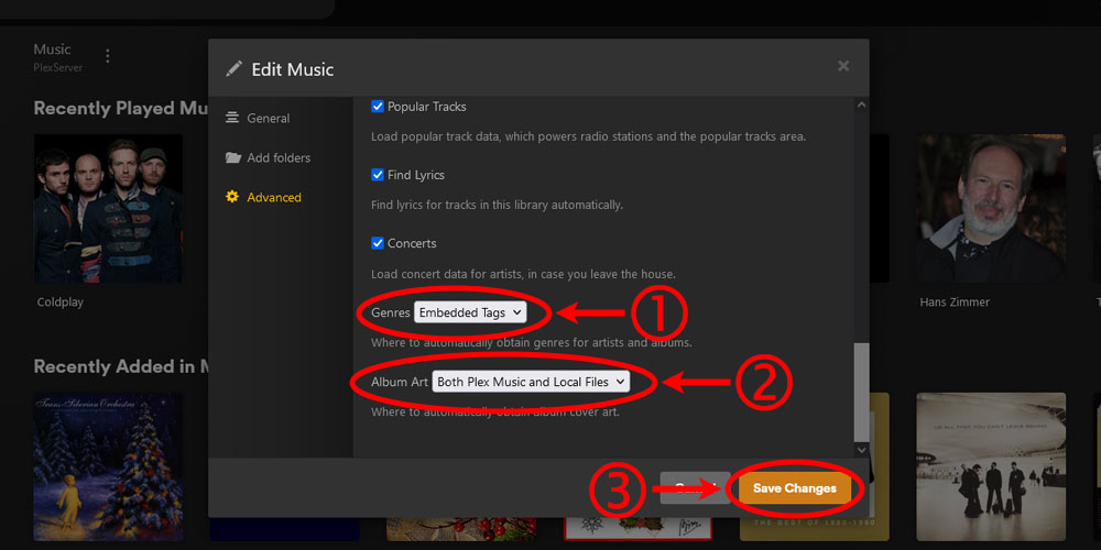 Plex Edit Music Library Embedded Genres and Album Art Options.