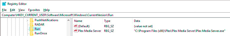 The Plex Media Server start up in the Windows registry