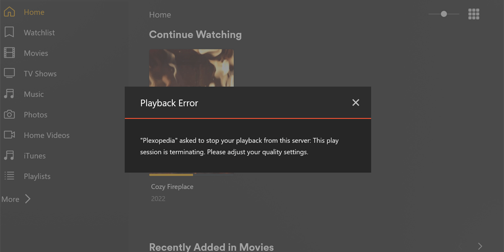 Plex Playback Error Message With a Descriptive Message.