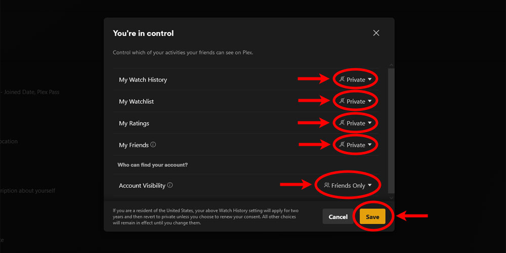 The Privacy Settings are Set to Private for the Plex User.