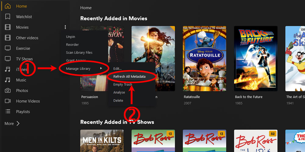 The Library Actions Option in Plex.