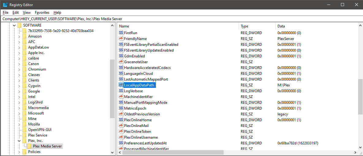 The Plex LocalAppDataPath Value in the Windows Registry.