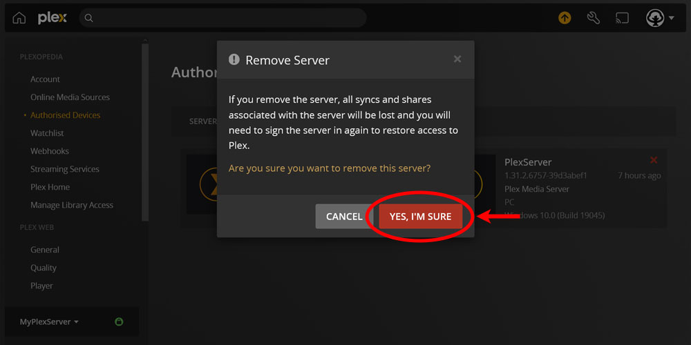 Final Remove Server Confirmation in Plex.