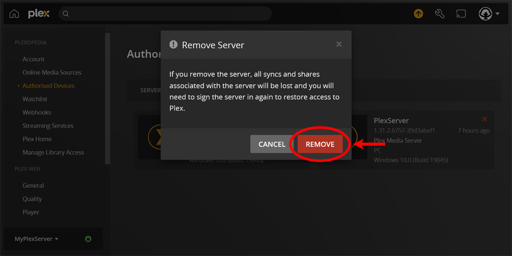 Remove Server Confirmation in Plex.