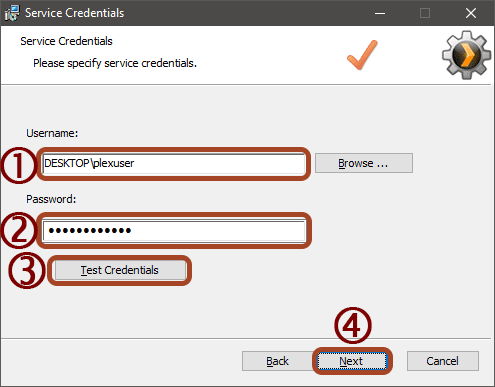 The PmsService installation user credentials window