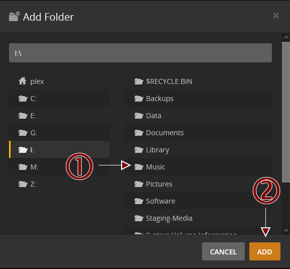 Plex Settings - Select Music Folder.