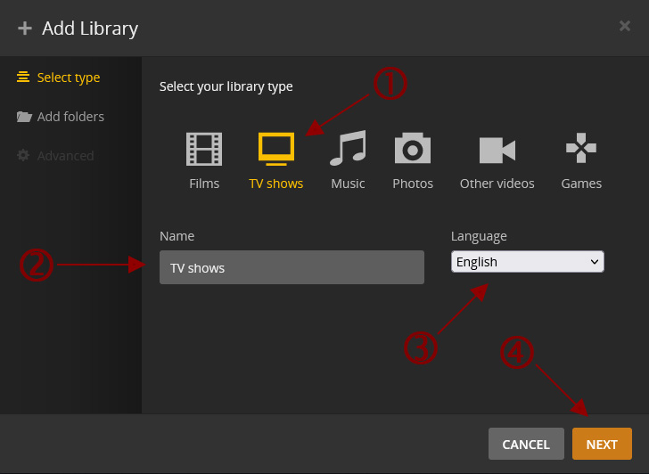 Plex Settings - Add Library Type.