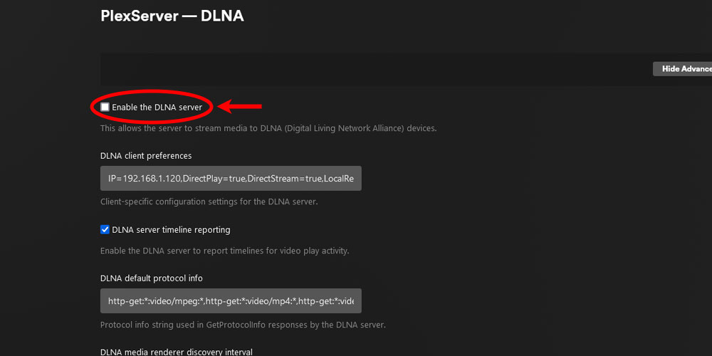 Plex Enable DLNA Server Option.