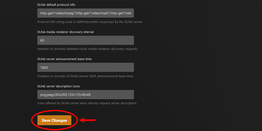The 'Save Changes' button on the DLNA Page in Plex.