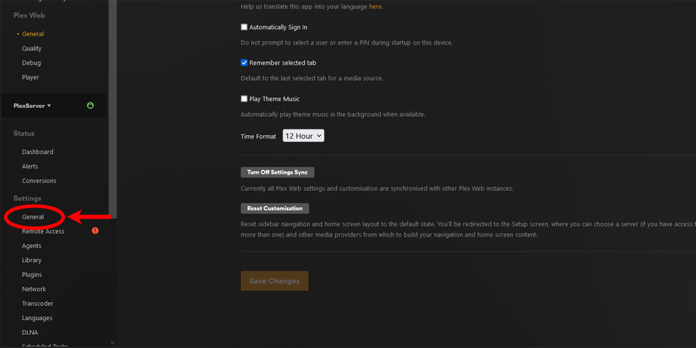 Plex Settings General Option.