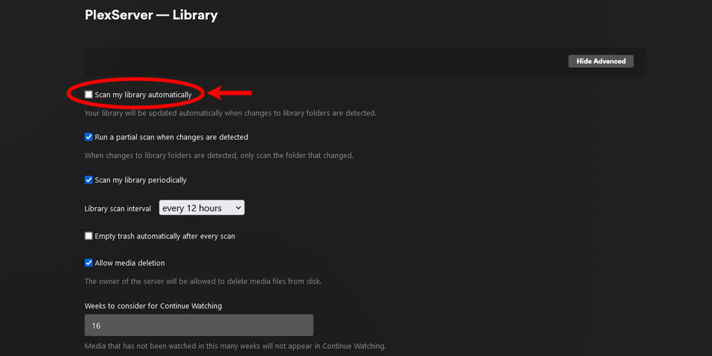 Scan My Library Automatically Option in Plex.