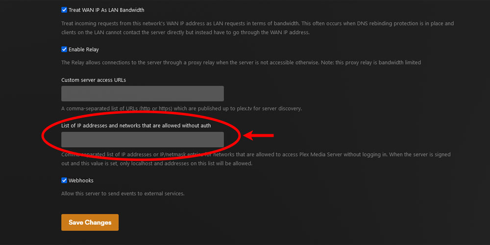 'List of IP addresses allowed without authentication' Field in Plex.