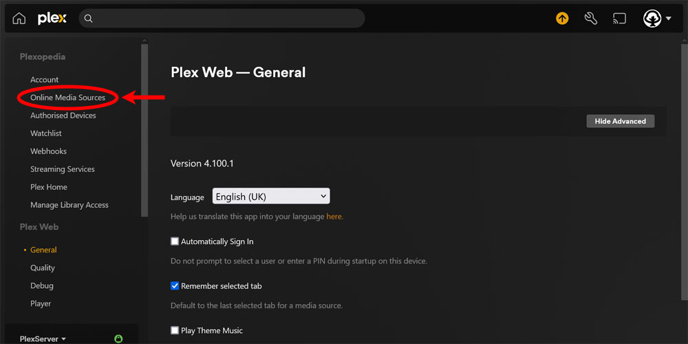 The Online Media Sources Option in the Plex Settings.
