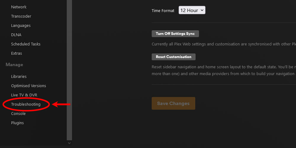 Plex Troubleshooting Option.