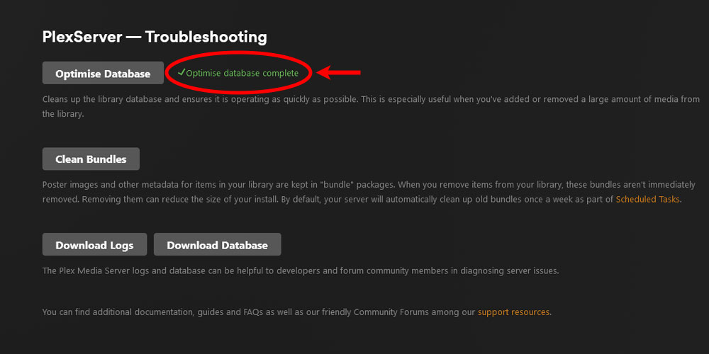 Optimizing the database in Plex is completed.
