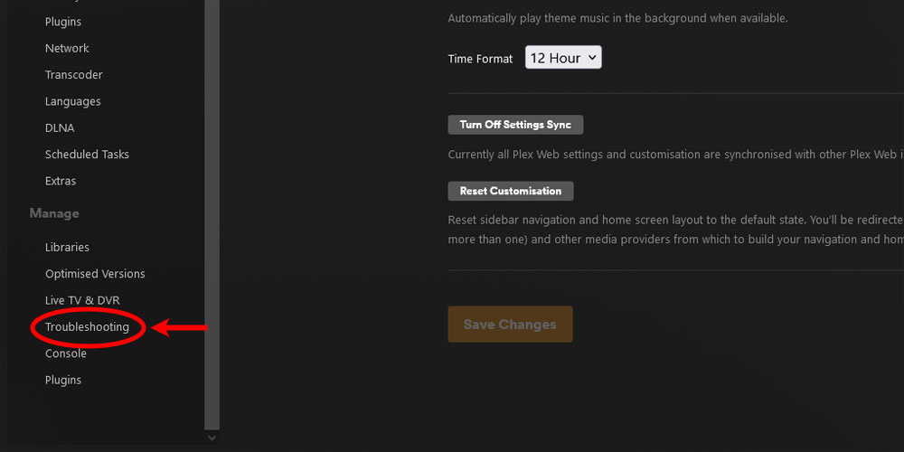 Plex Troubleshooting Option.