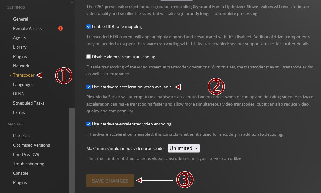 Plex: Use hardware acceleration when available setting.