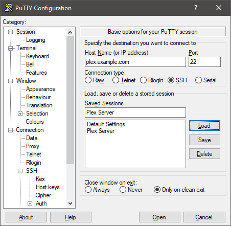 Loaded Plex Session in Putty.