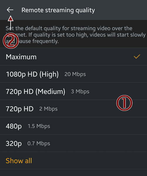 The Remote Streaming Quality Option List - Plex for Android.