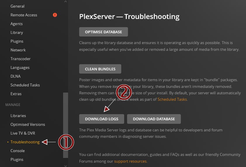 Using the Download Logs button in Plex's Troubleshooting section.