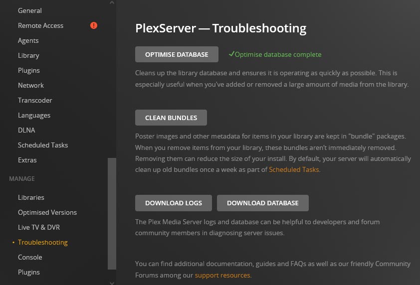 Optimizing the database in Plex is completed.