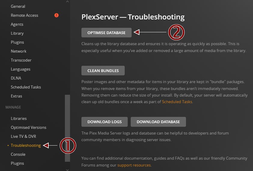 Using the Optimize Database button in Plex's Troubleshooting section.